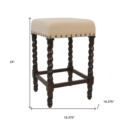24" Cream And Espresso Solid Wood Backless Counter Height Bar Chair