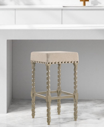 30" Cream And Gray Solid Wood Backless Bar Height Bar Chair