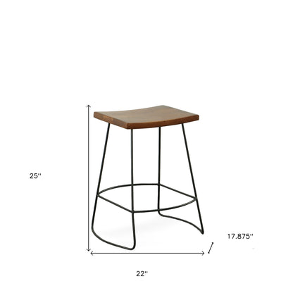 Set of Two 25" Chestnut and Black Solid Wood and Steel Backless Counter Height Bar Chairs