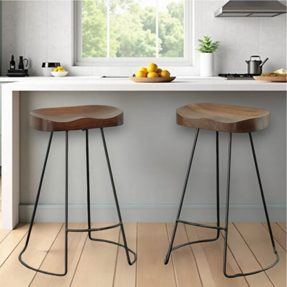 Set of Two 25" Chestnut and Black Solid Wood and Steel Backless Counter Height Bar Chairs