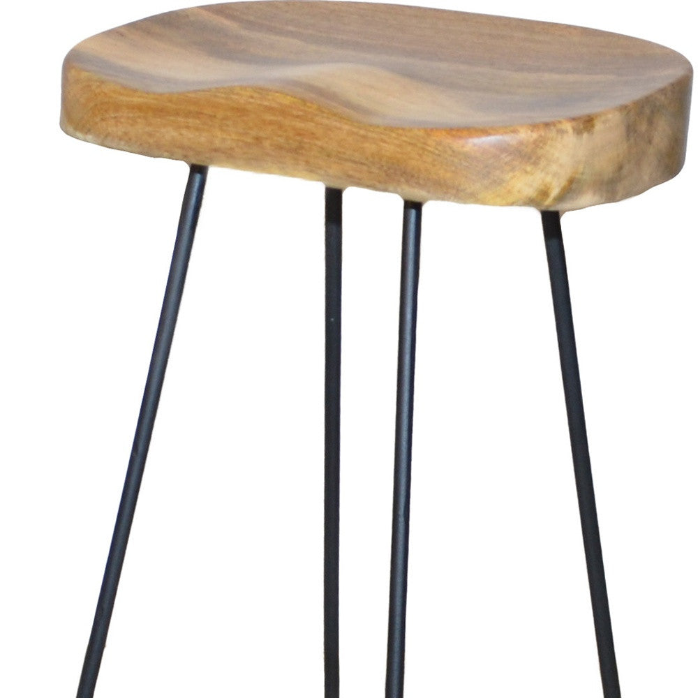 Set of Two 25" Natural and Black Solid Wood and Steel Backless Counter Height Bar Chairs
