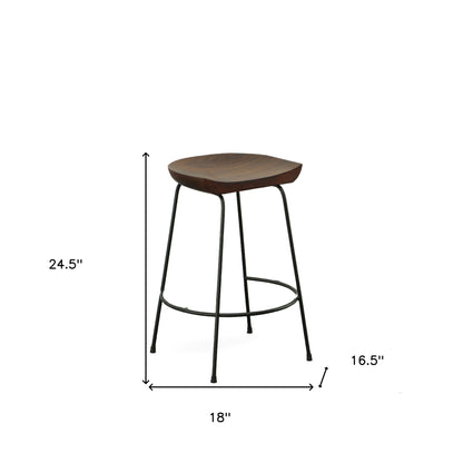 Set of Two 25" Chestnut and Black Solid Wood and Steel Backless Counter Height Bar Chairs
