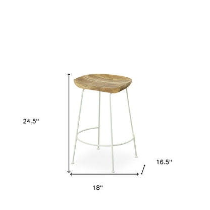 Set of Two 25" Natural and White Solid Wood and Steel Backless Counter Height Bar Chairs