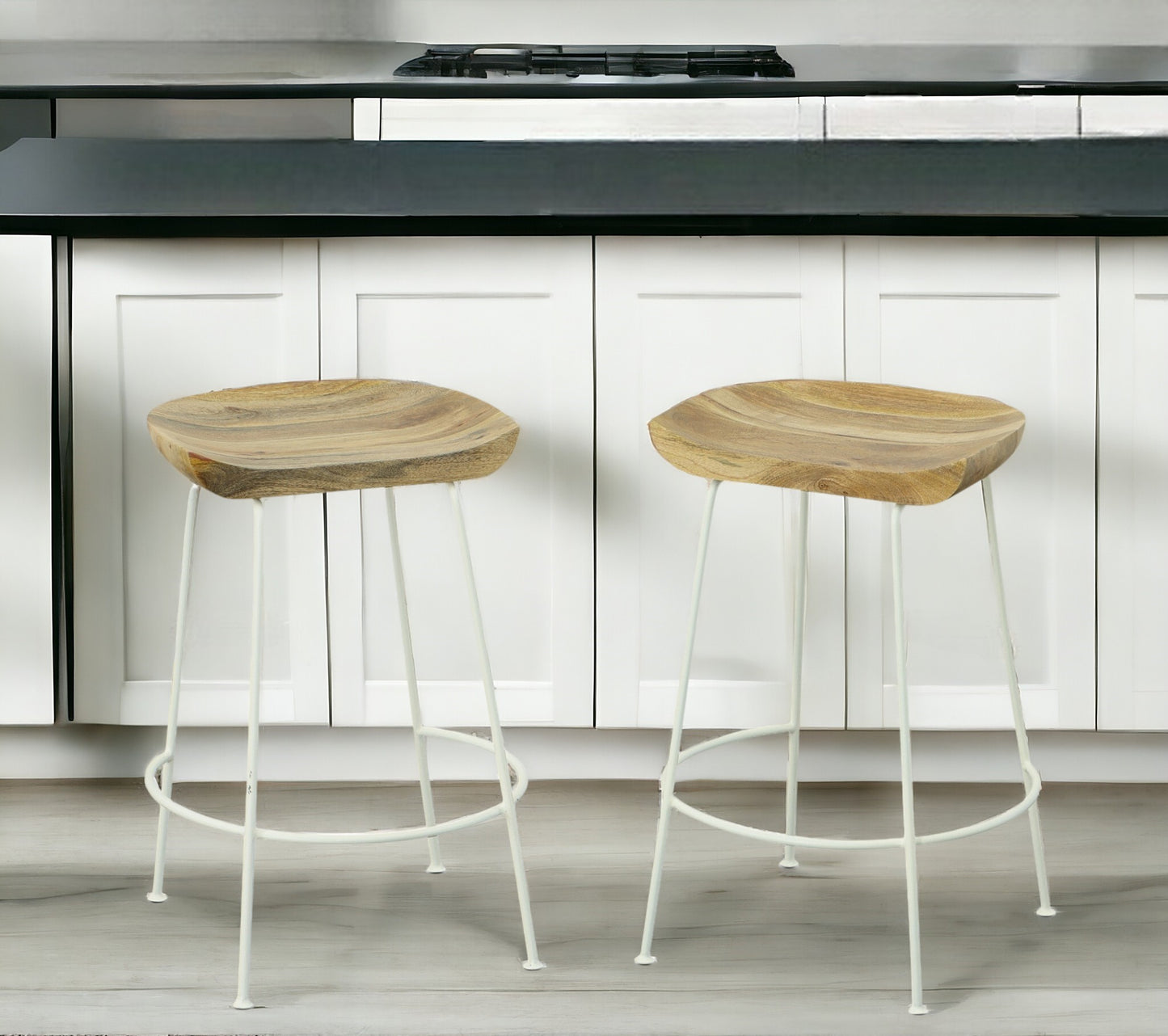 Set of Two 25" Natural and White Solid Wood and Steel Backless Counter Height Bar Chairs