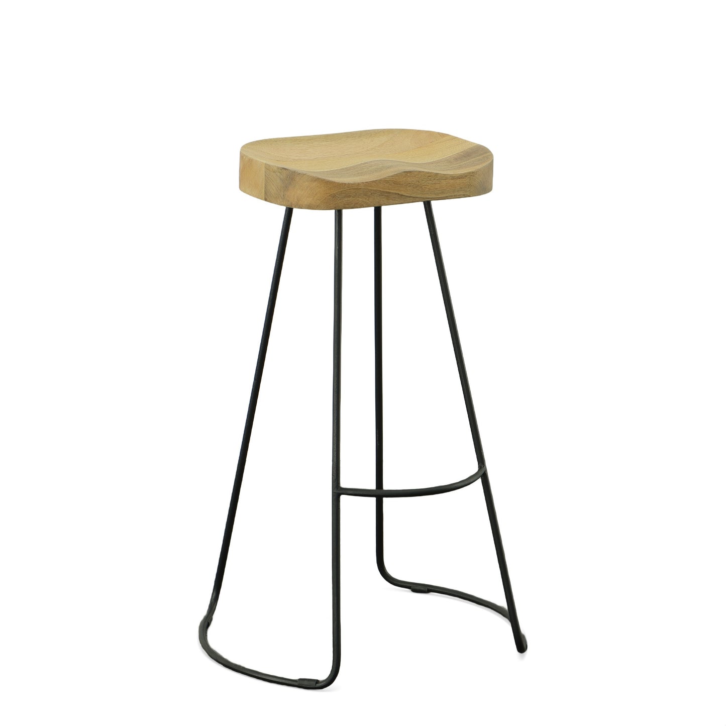 Set of Two 31" Natural and Black Solid Wood and Steel Backless Bar Height Bar Chairs