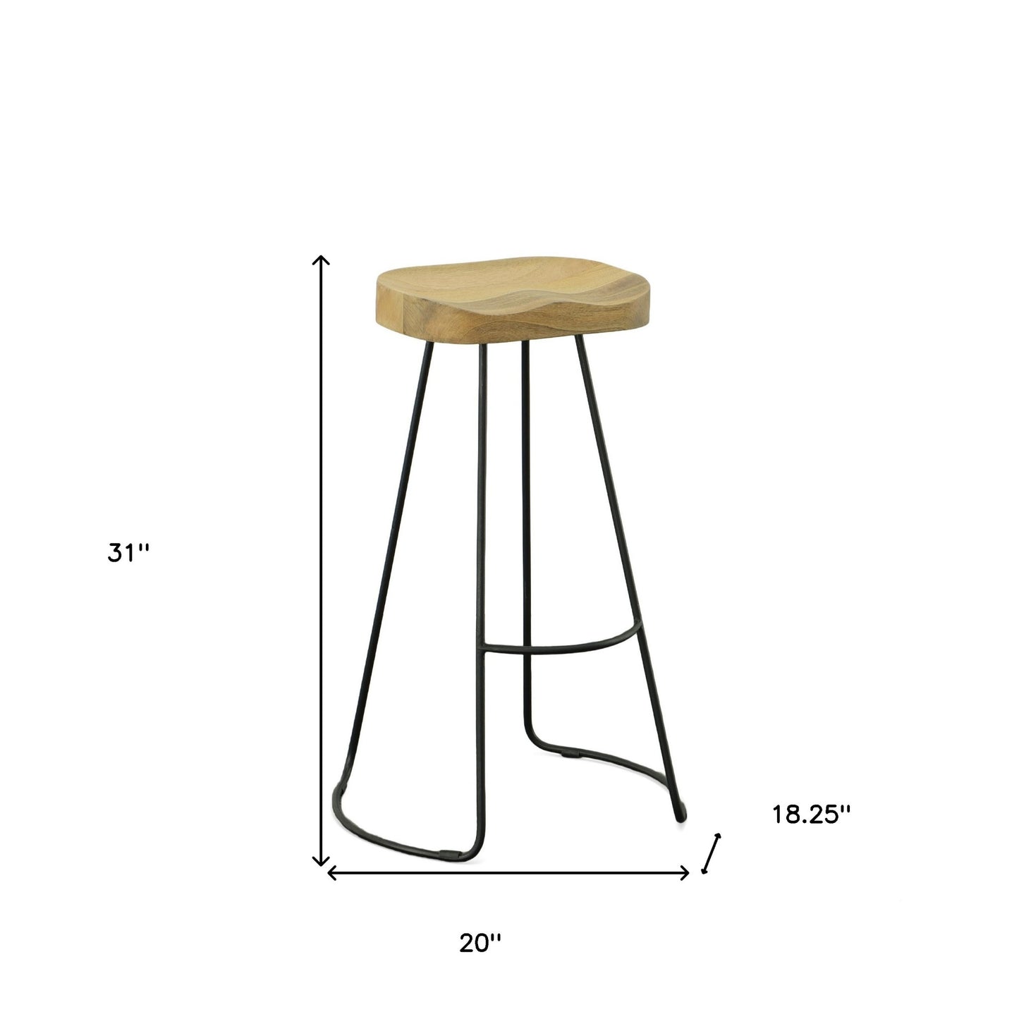 Set of Two 31" Natural and Black Solid Wood and Steel Backless Bar Height Bar Chairs