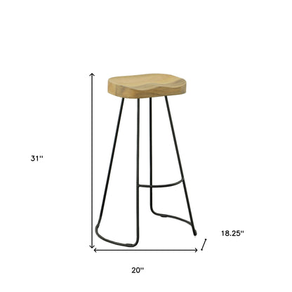 Set of Two 31" Natural and Black Solid Wood and Steel Backless Bar Height Bar Chairs