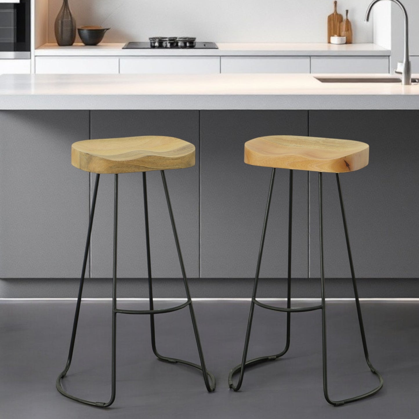 Set of Two 31" Natural and Black Solid Wood and Steel Backless Bar Height Bar Chairs