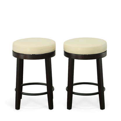 Set of Two 24" Cream and Espresso Faux Leather and Solid Wood Backless Counter Height Swivel Bar Chairs