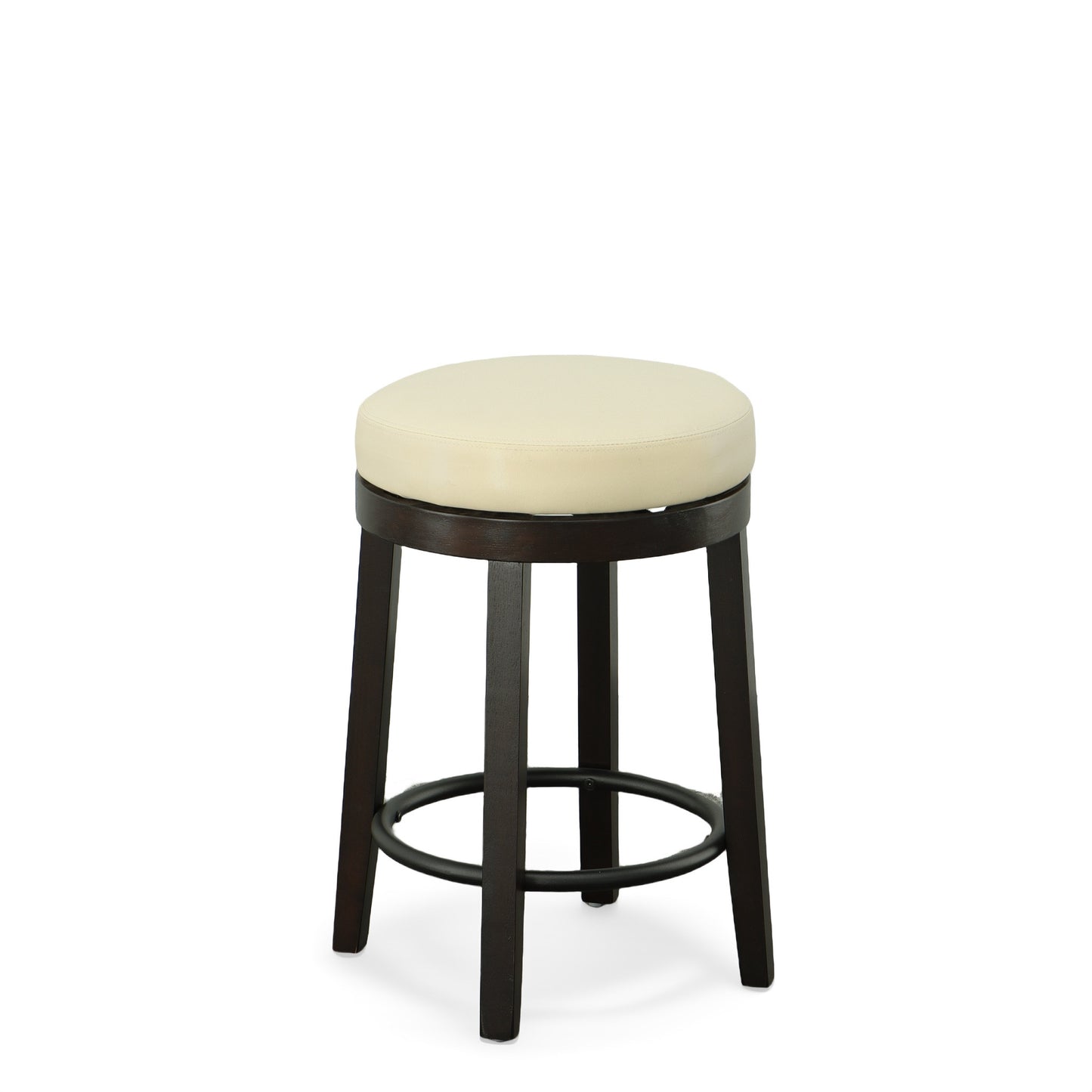 Set of Two 24" Cream and Espresso Faux Leather and Solid Wood Backless Counter Height Swivel Bar Chairs