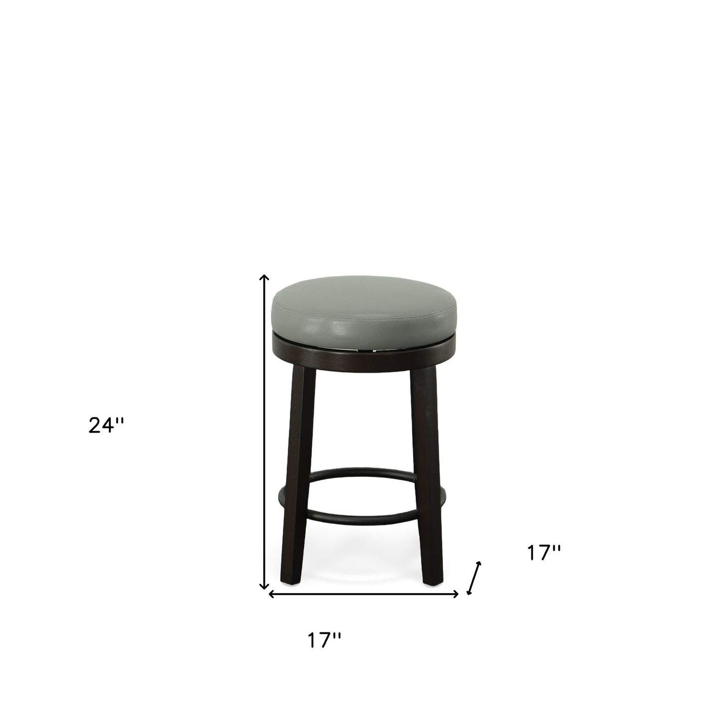 Set of Two 24" Gray and Espresso Faux Leather and Solid Wood Backless Counter Height Swivel Bar Chairs