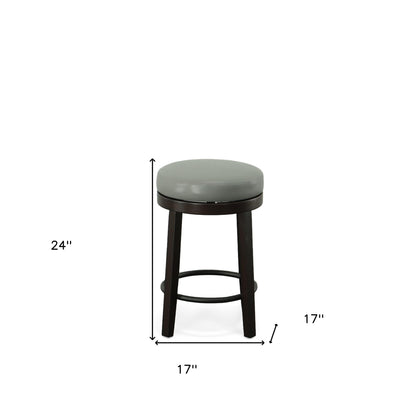 Set of Two 24" Gray and Espresso Faux Leather and Solid Wood Backless Counter Height Swivel Bar Chairs