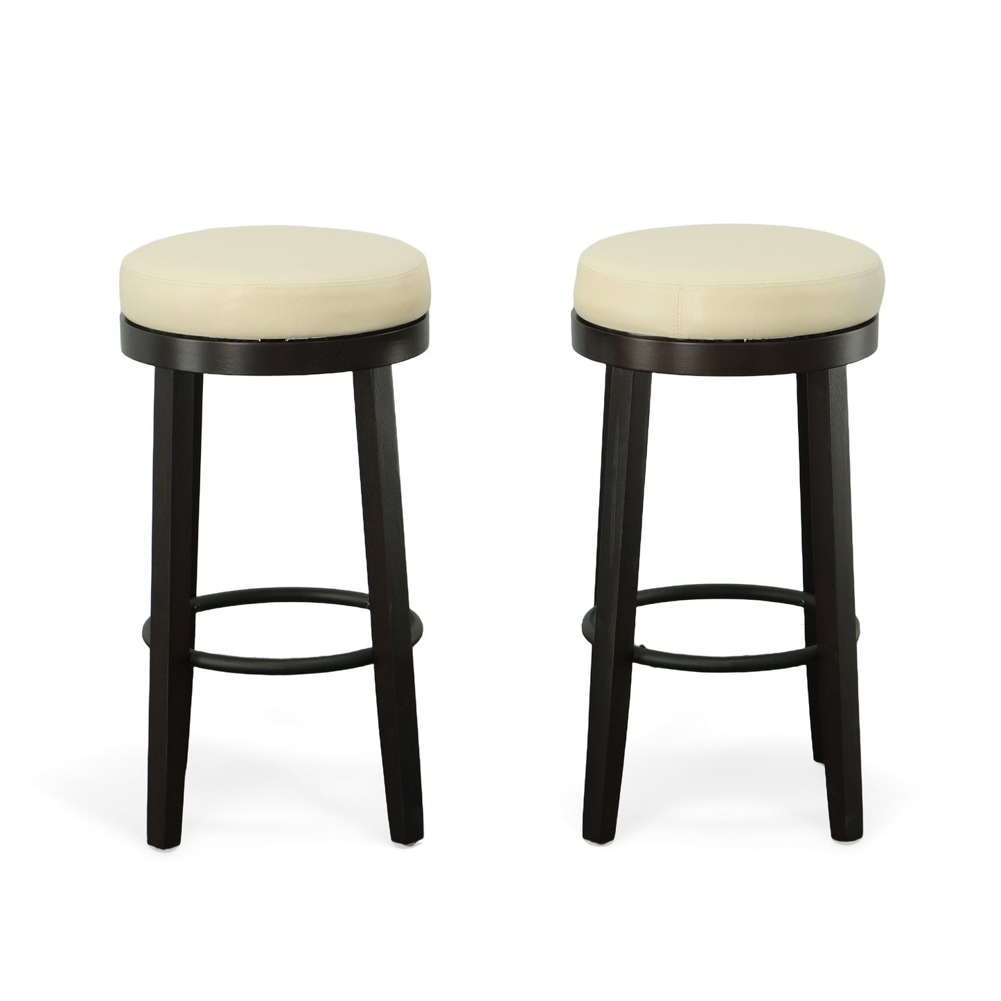 Set of Two 30" Cream and Espresso Faux Leather and Solid Wood Backless Bar Height Swivel Bar Chairs