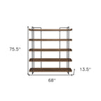 76" Brown and Black Metal and Wood Five Tier Bookcase
