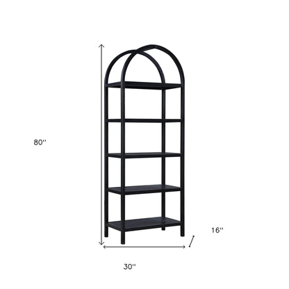 80" Black Oak Wood Five Tier Arched Top Bookcase