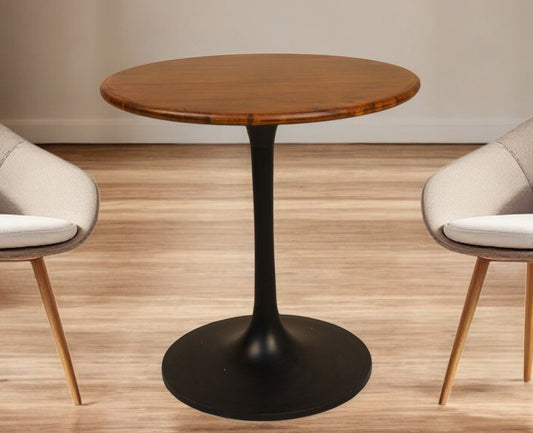 30" Brown And Black Rounded Solid Wood And Iron Pedestal Base Dining Table