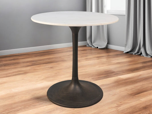 30" White And Black Rounded Marble And Iron Pedestal Base Dining Table