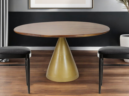 48" Brown And Gold Rounded Solid Wood And Iron Pedestal Base Dining Table