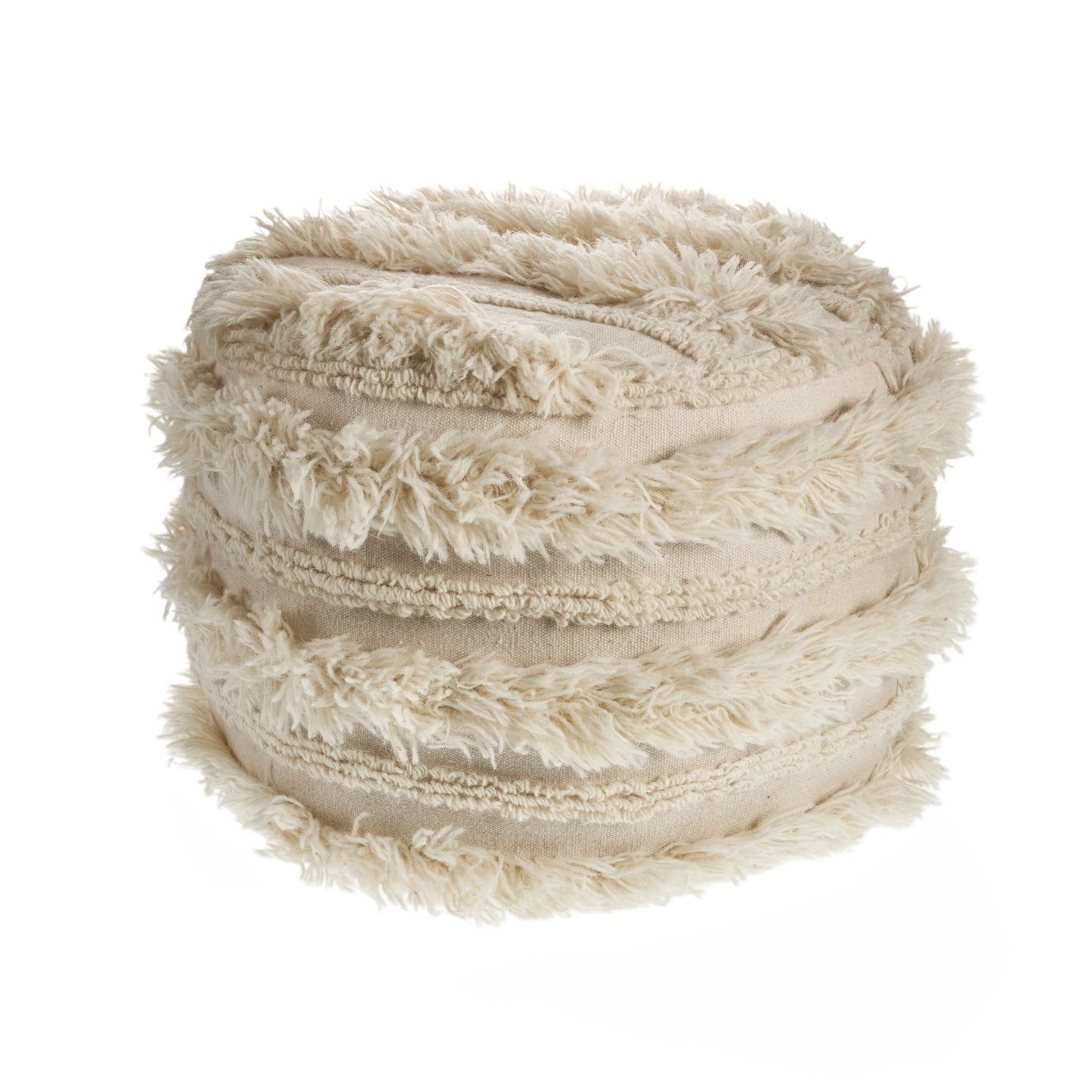 18" Ivory Cotton Round Striped Pouf Ottoman