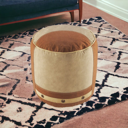 16" Tan Cotton Cylinder Striped Pouf Ottoman