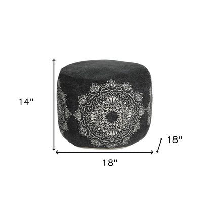 18" Black Cotton Cylinder Medallion Pouf Ottoman