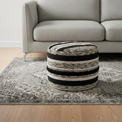 18" White Cotton Cylinder Striped Pouf Ottoman
