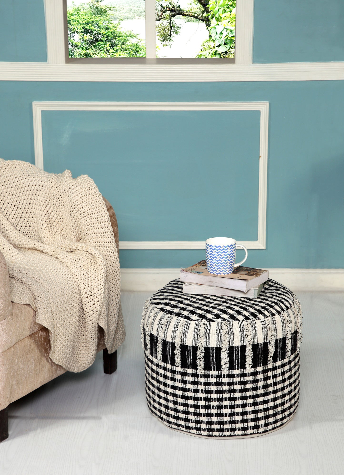 18" Black Cotton Cylinder Plaid Pouf Ottoman