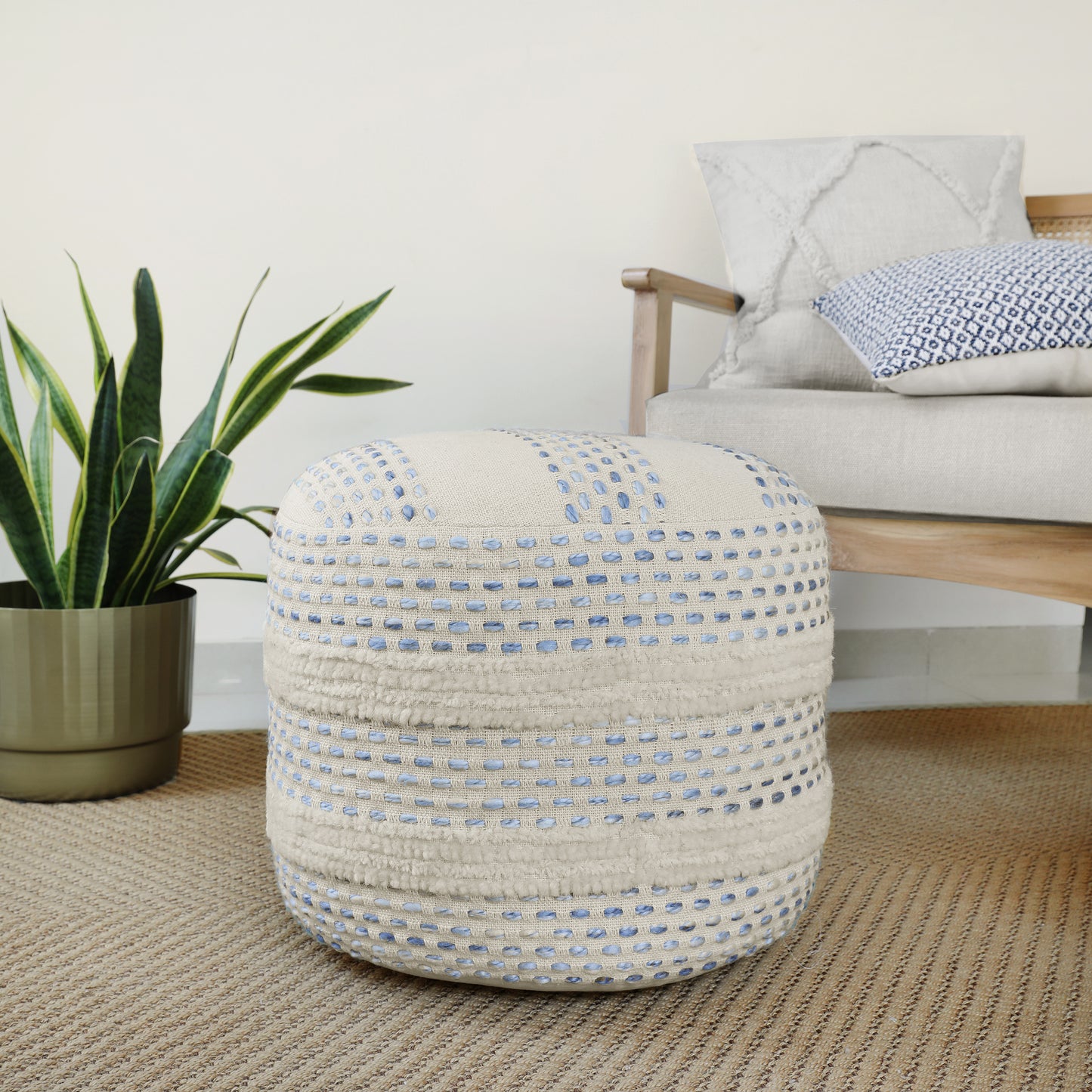 18" Blue Cotton Blend Ottoman