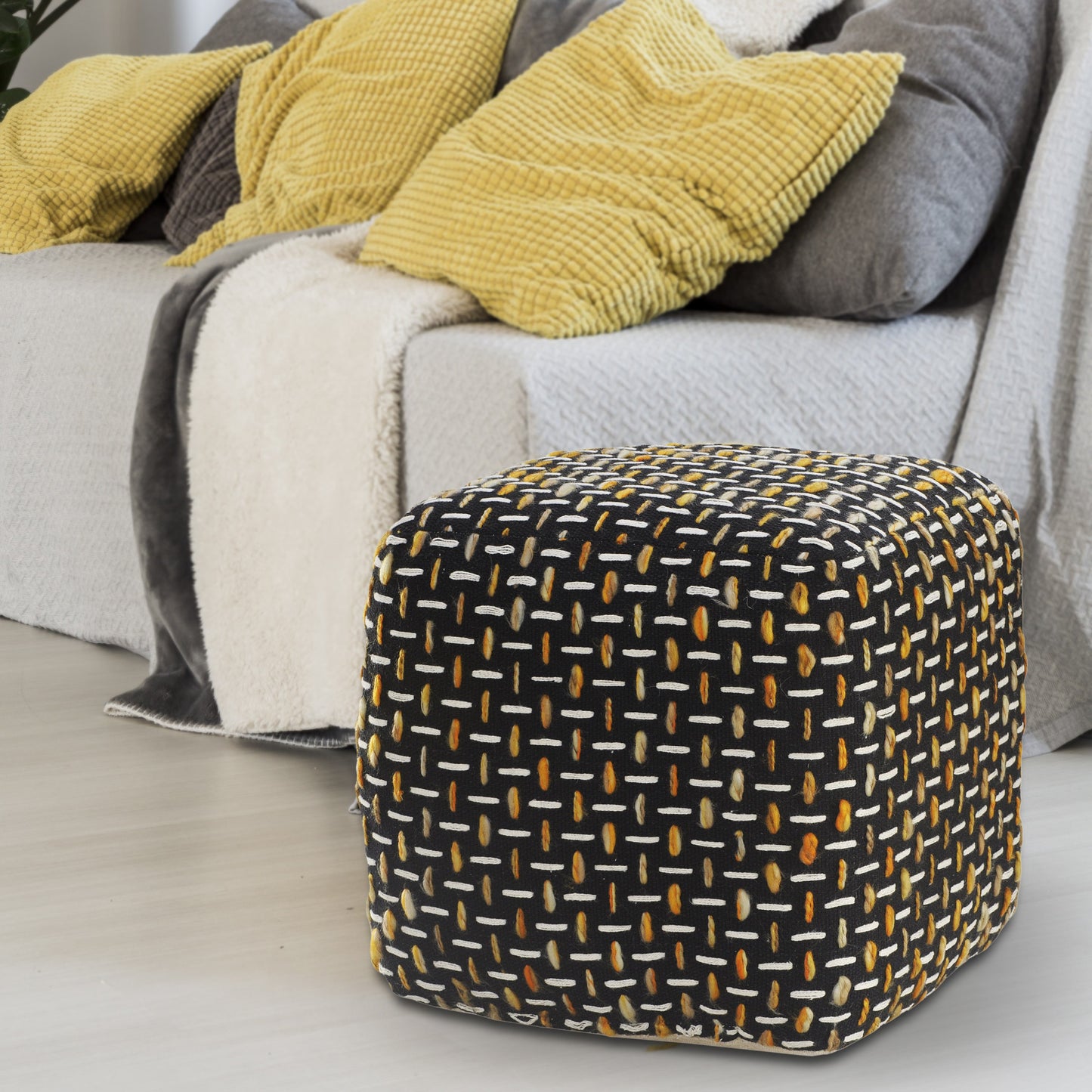 16" Black Fabric Geometric Pouf Ottoman
