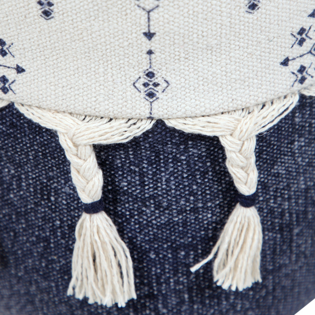 18" Natural And Navy Blue Cotton Medallion Pouf Ottoman