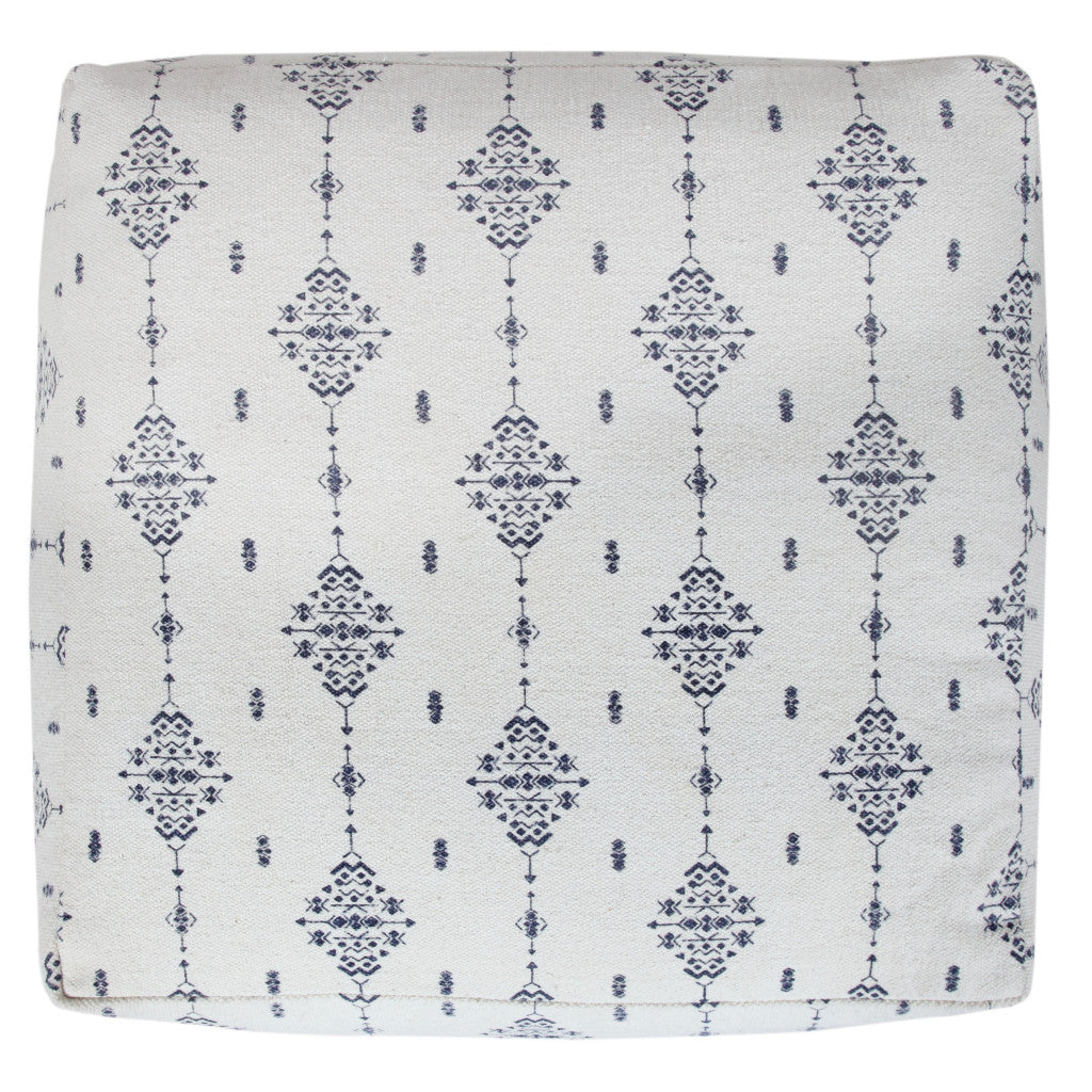 18" Natural And Navy Blue Cotton Medallion Pouf Ottoman