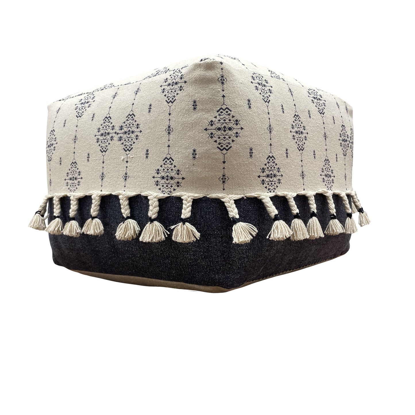 18" Natural And Navy Blue Cotton Medallion Pouf Ottoman