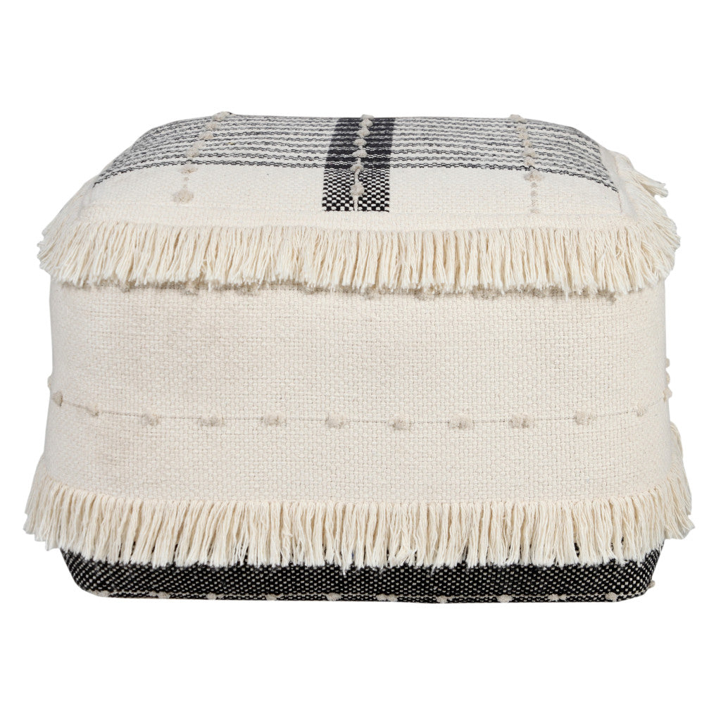 18" White Cotton Striped Pouf Ottoman