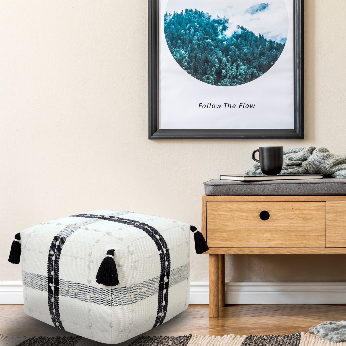 18" Black Cotton Striped Pouf Ottoman