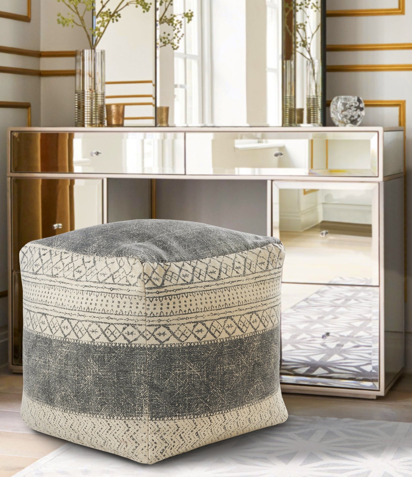 20" Cream Cotton Tribal Pouf Ottoman