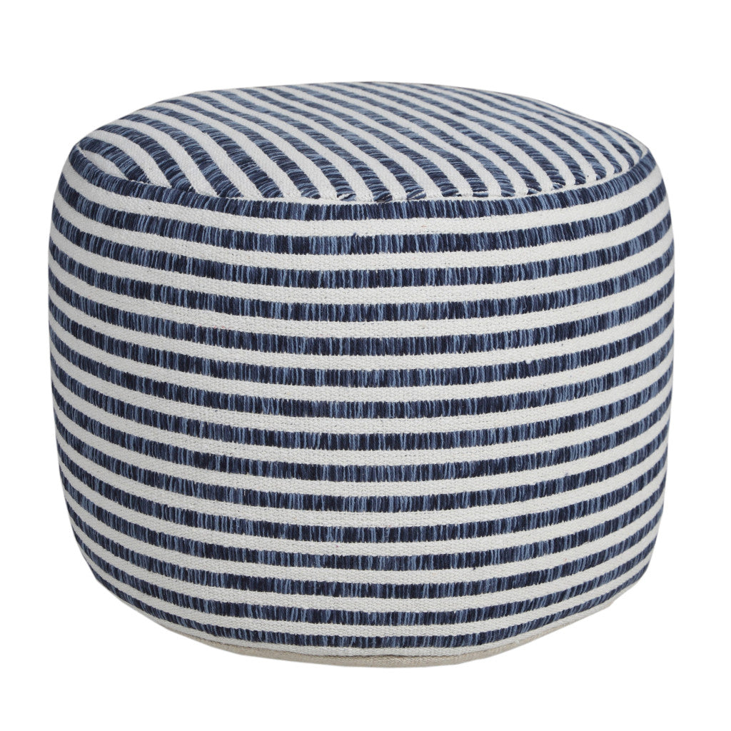 18" Blue Cotton Cylinder Striped Pouf Ottoman