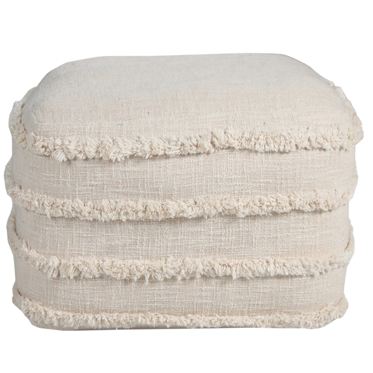 18" Cream Cotton Tufted Cube Striped Pouf Ottoman