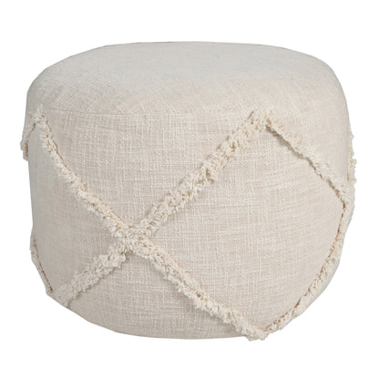 18" Cream Cotton Cylinder Geometric Pouf Ottoman