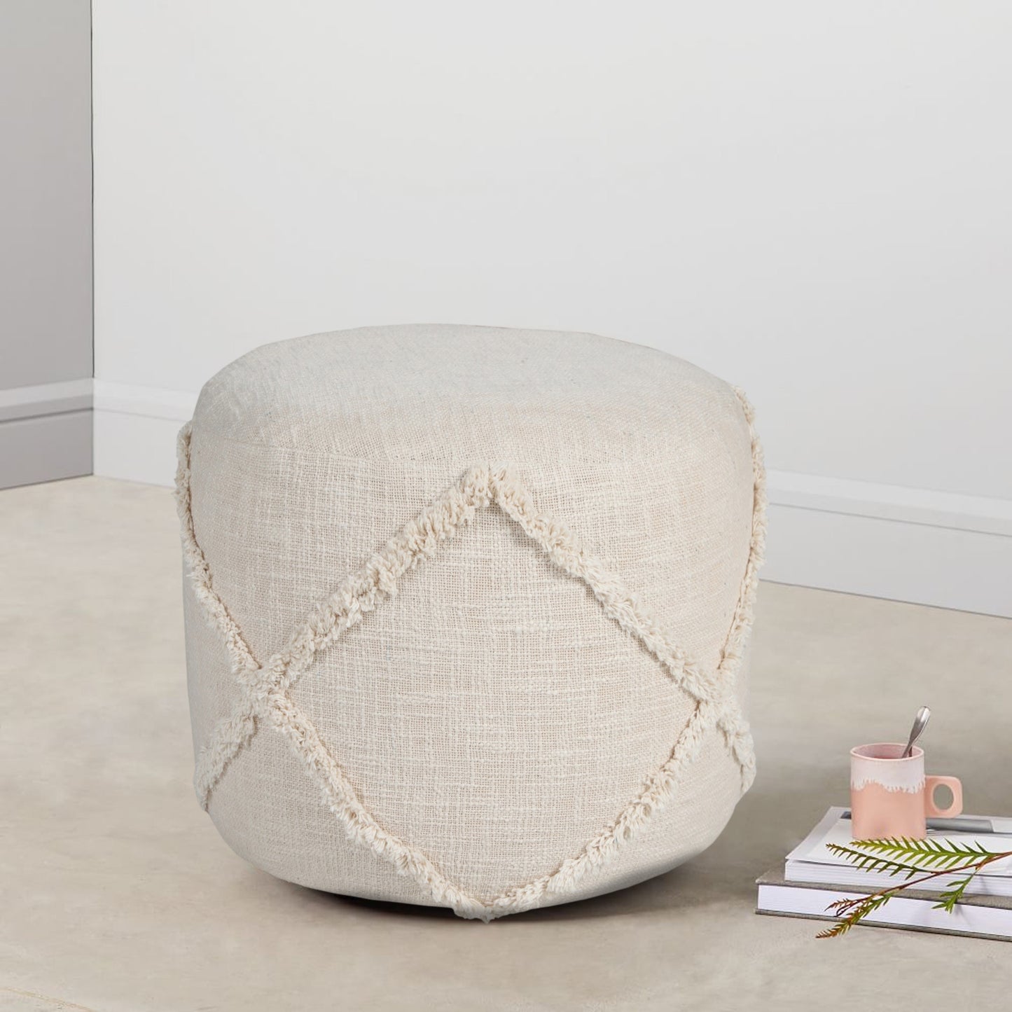 18" Cream Cotton Cylinder Geometric Pouf Ottoman