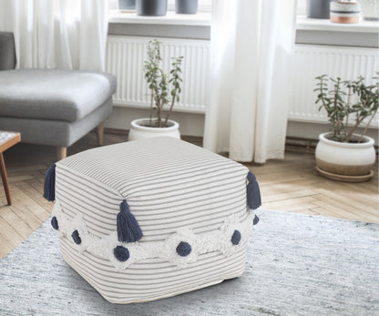 18" Gray Cotton Striped Pouf Ottoman
