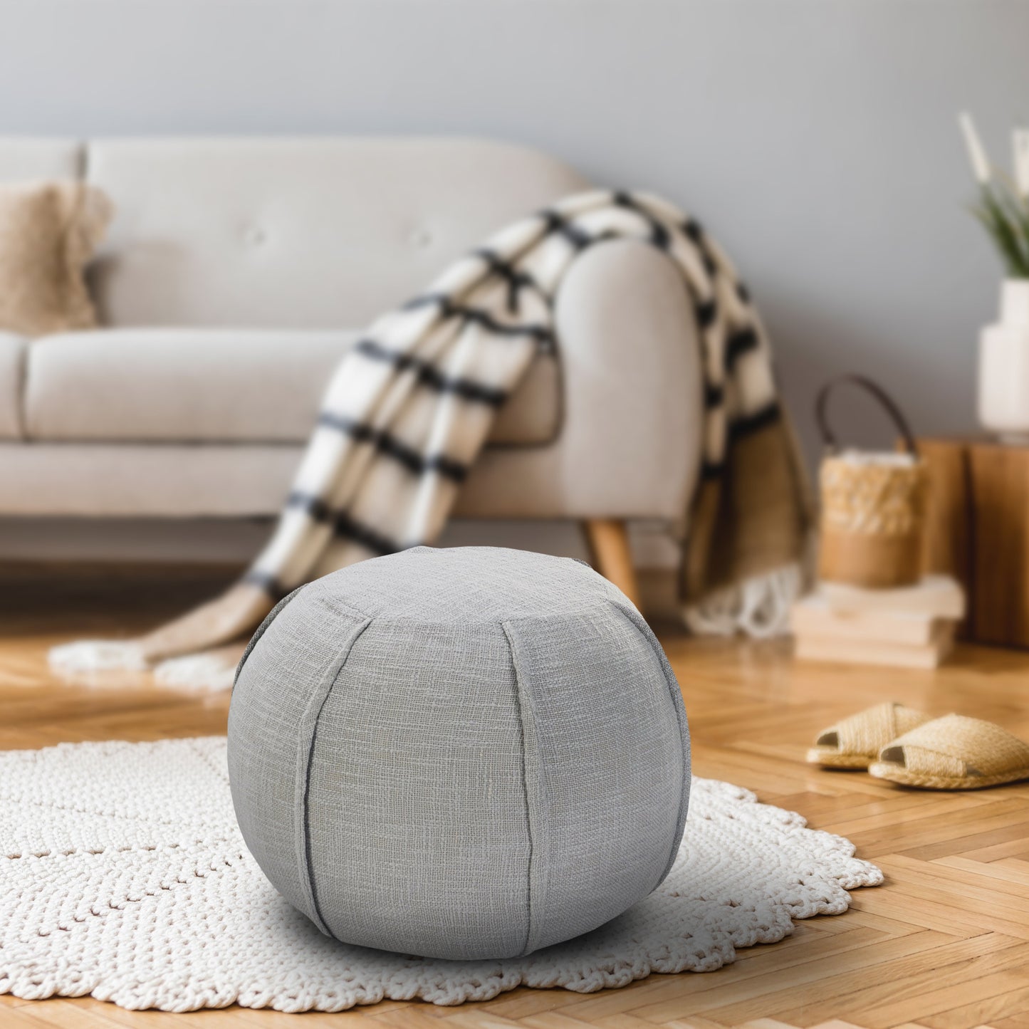 18" Gray Cotton Round Patchwork Pouf Ottoman