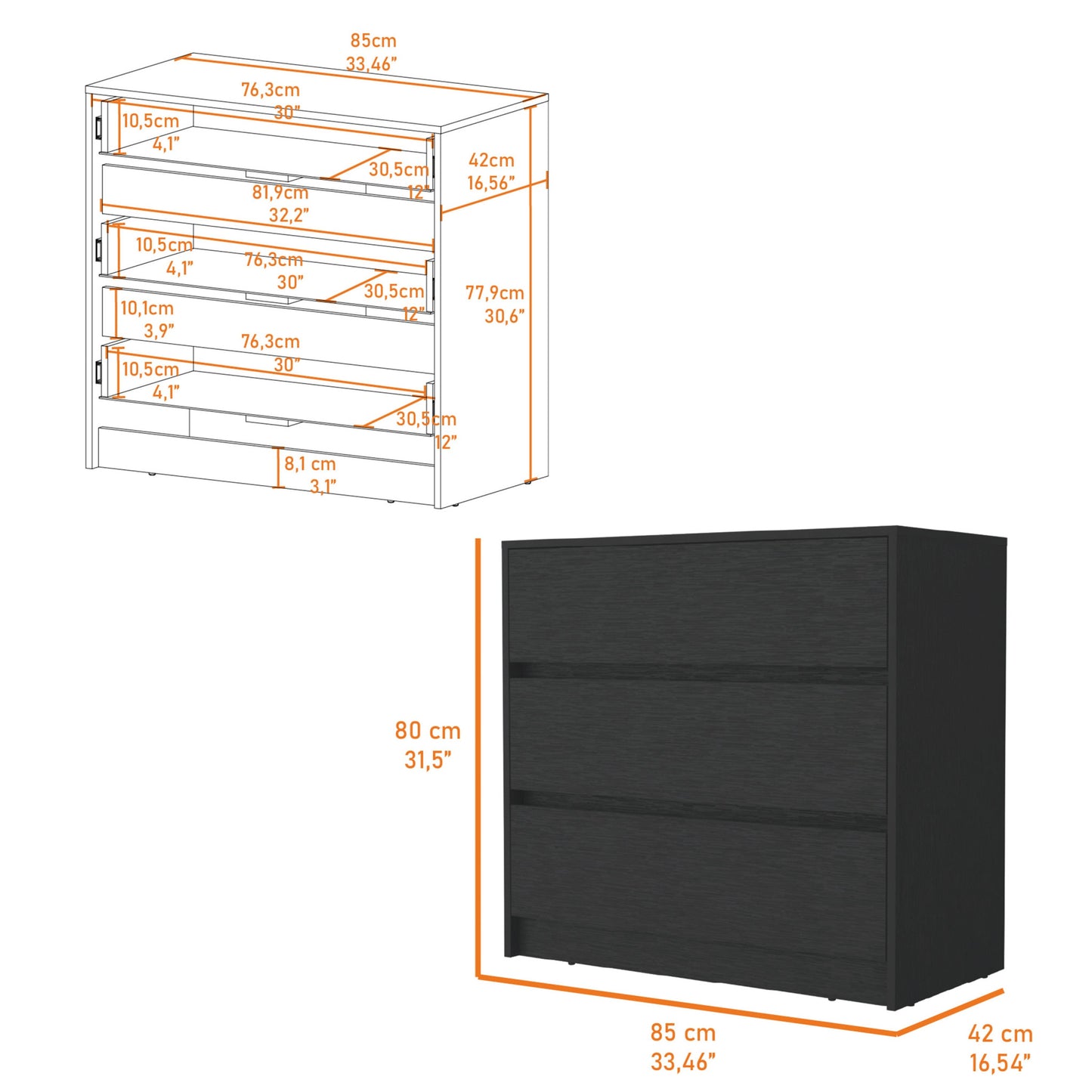 33" Black Three Drawer Dresser