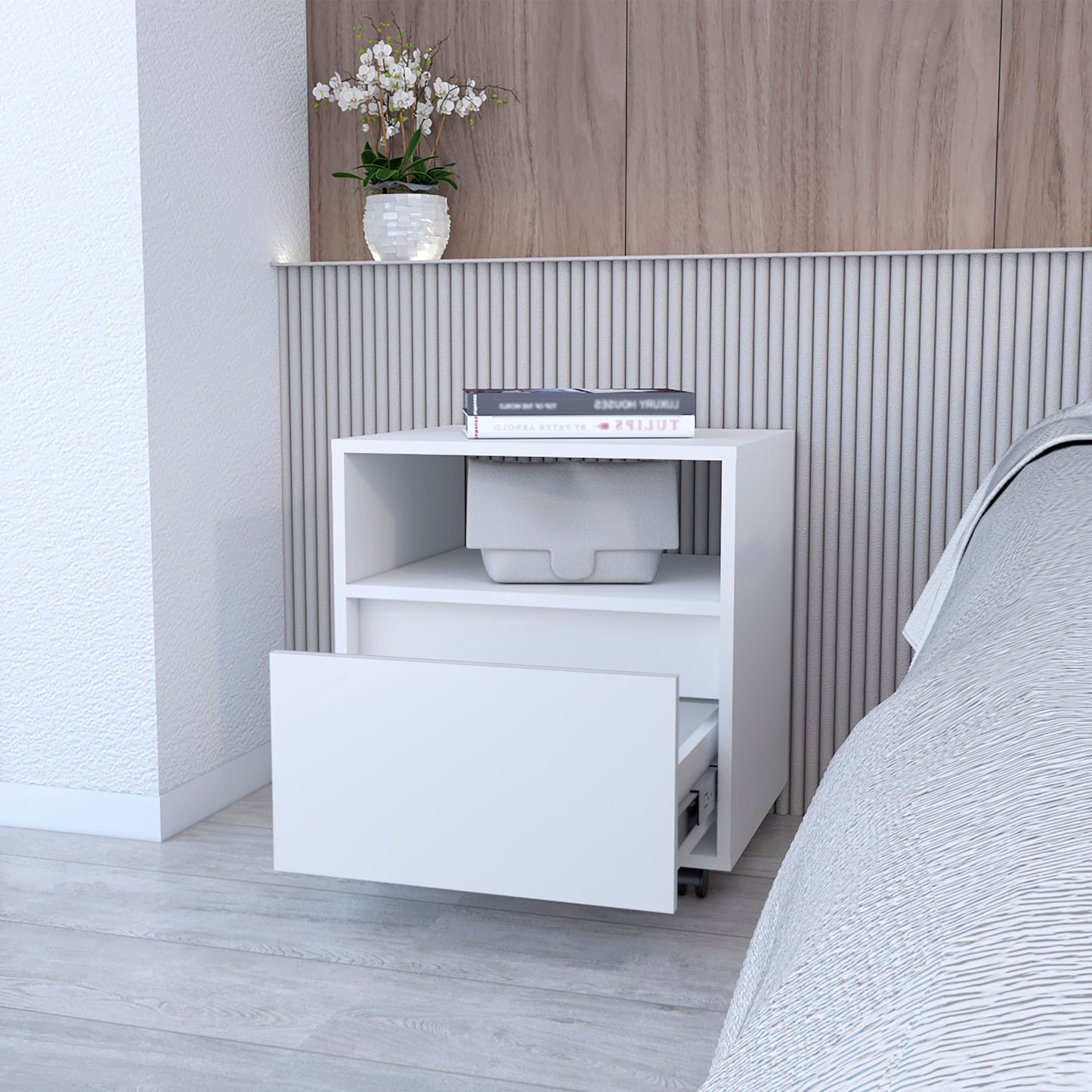 21" White Wood One Drawer Nightstand with Integrated Tech
