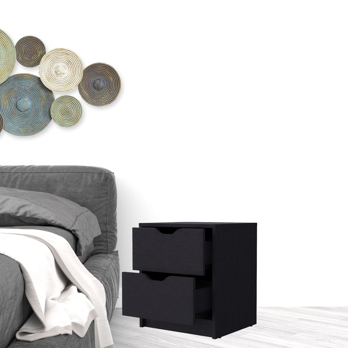 19" Black Wood Two Drawer Nightstand with Integrated Tech