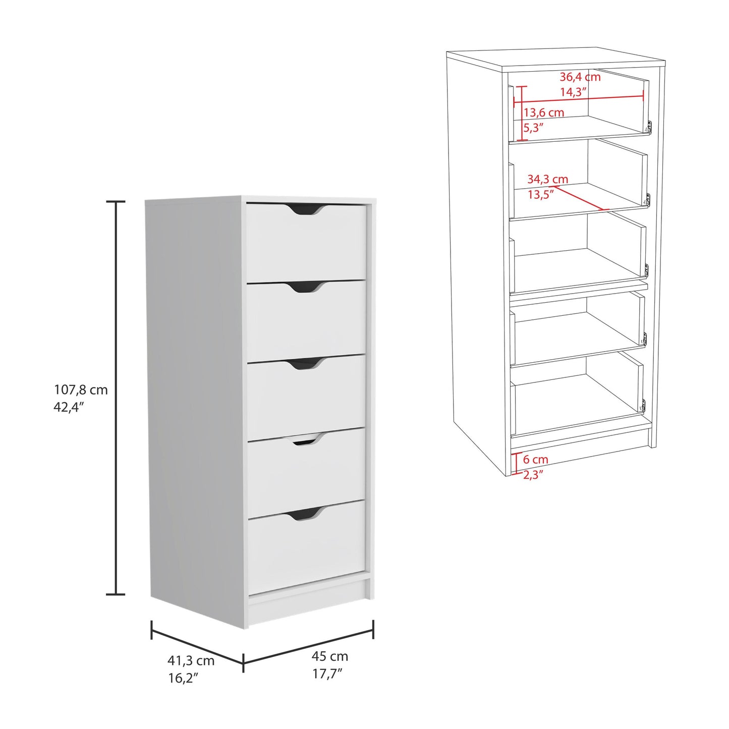 18" White Five Drawer Dresser