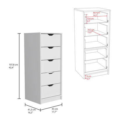 18" White Five Drawer Dresser