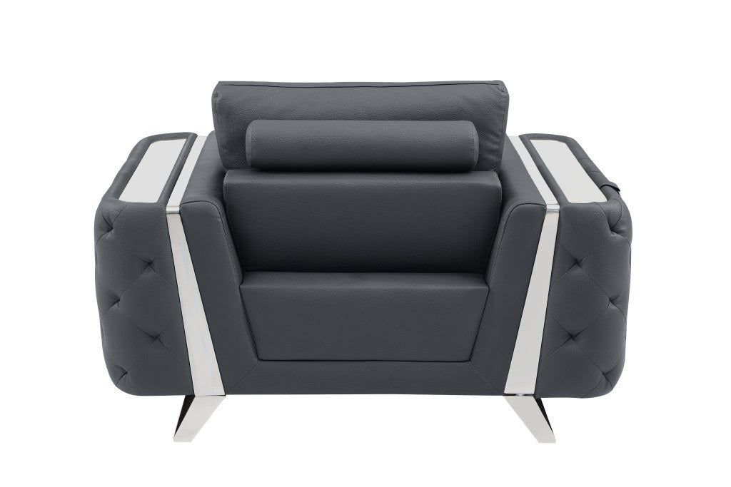 50" Dark Gray And Silver Faux Leather Tufted Club Chair