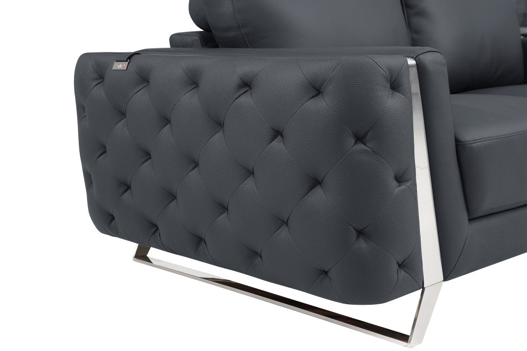 50" Dark Gray And Silver Faux Leather Tufted Club Chair