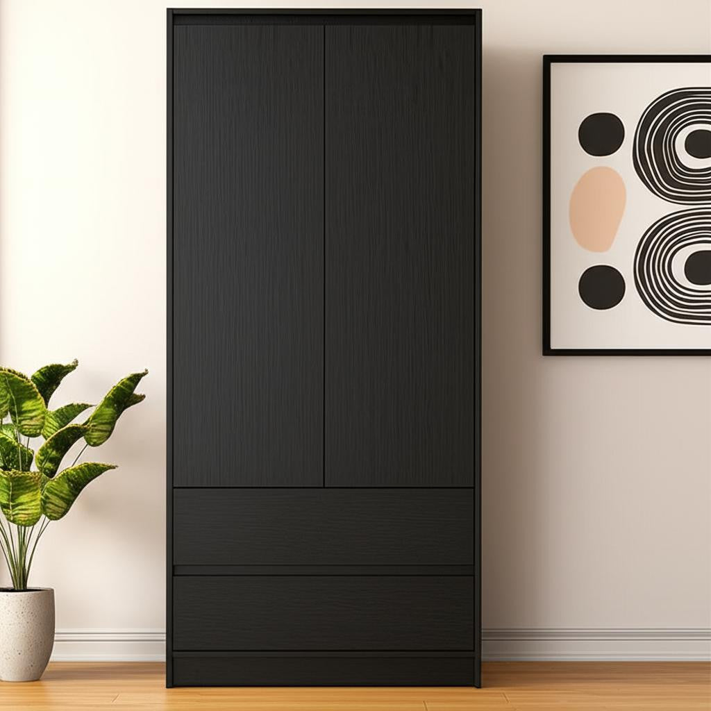 71" Black Wood Two Door Two Drawer Combo Dresser