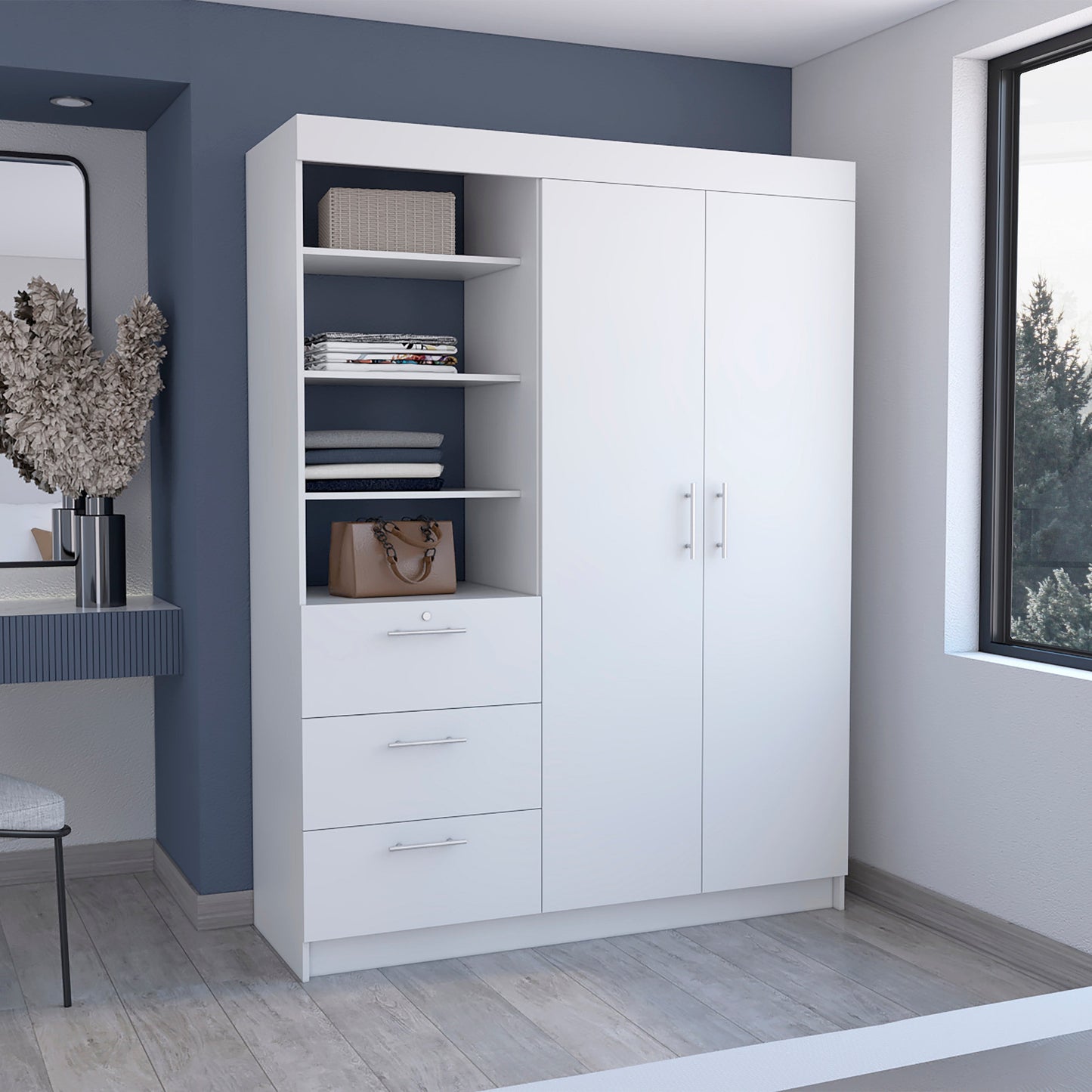 79" White Wood Two Door Three Drawer Combo Dresser